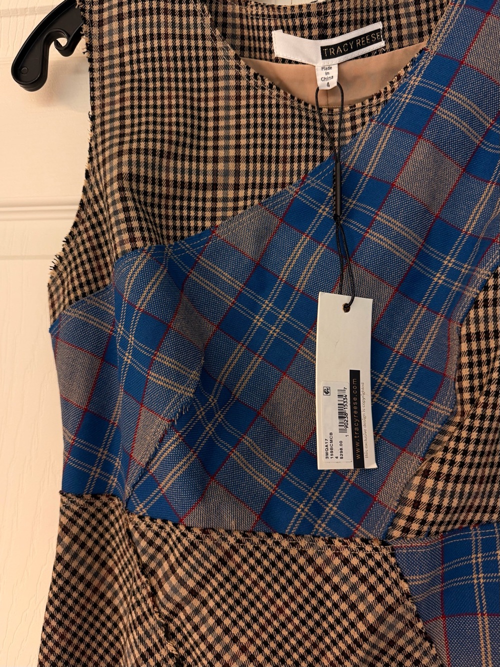 Tracy Reese One-Shoulder Blue and Brown Plaid Patchwork Dress - Picture 5 of 5